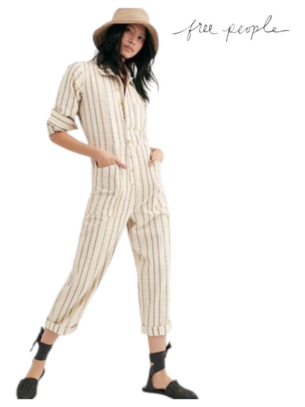 Free People Gia Jumpsuit Small Ivory Yard Dye Striped Utility Coveralls Cotton
